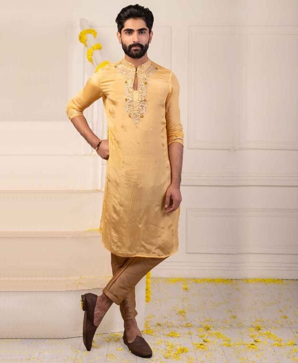 Men's Mustard Yellow Chinnon Kurta - Image 2