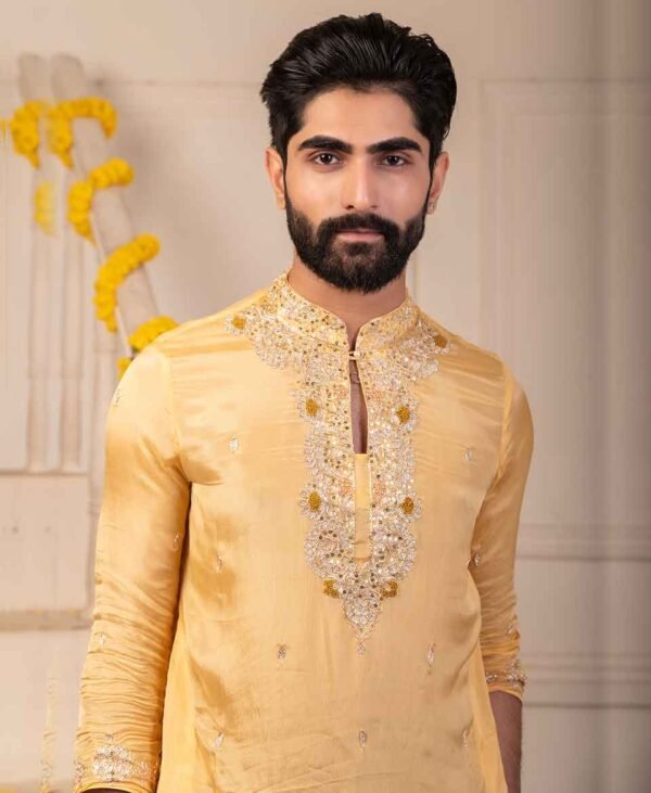 Men's Mustard Yellow Chinnon Kurta - Image 3