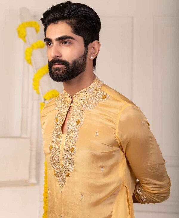 Men's Mustard Yellow Chinnon Kurta - Image 4