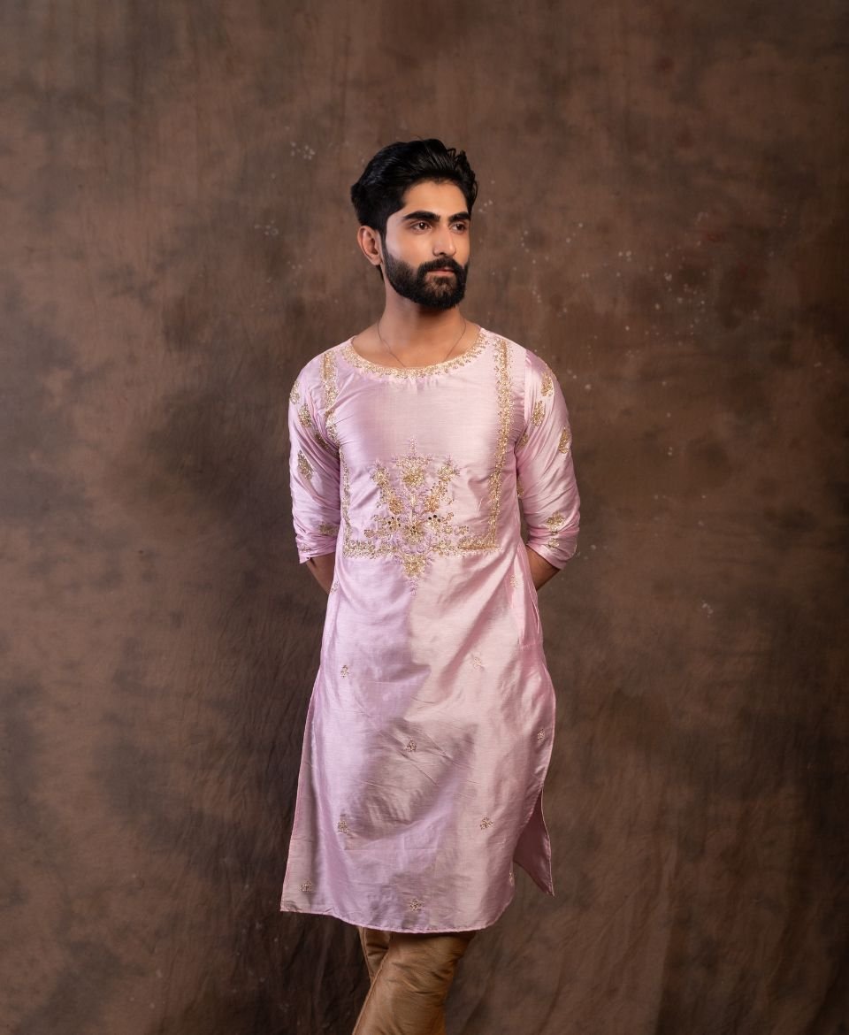 Men's Cherry Blossom Pink Dola Silk Kurta