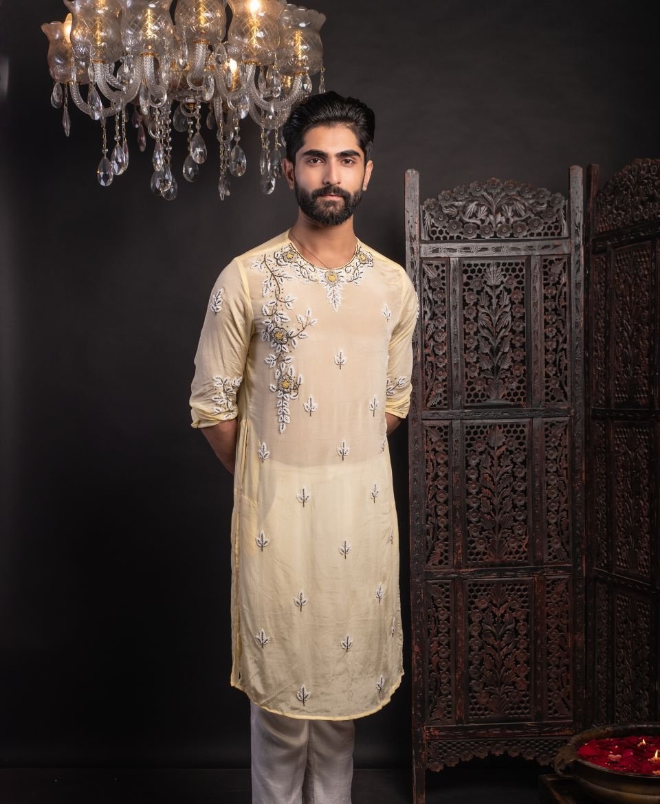 Men's Lemon Yellow Chinnon Kurta