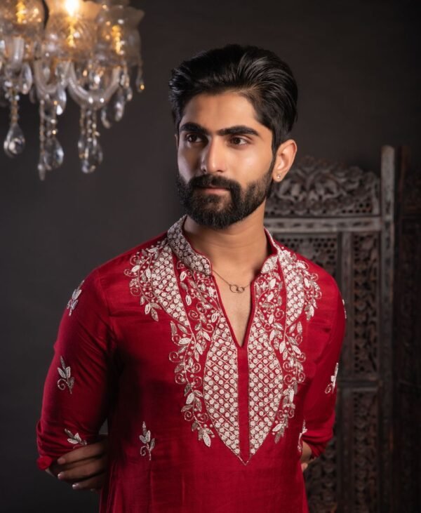 Men's Maroon Blood Red Taffeta Silk Kurta - Image 2
