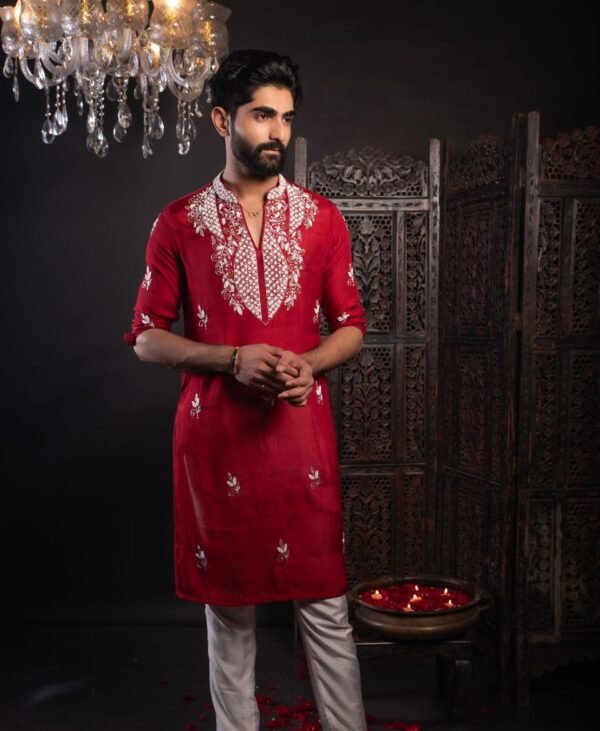 Men's Maroon Blood Red Taffeta Silk Kurta - Image 3