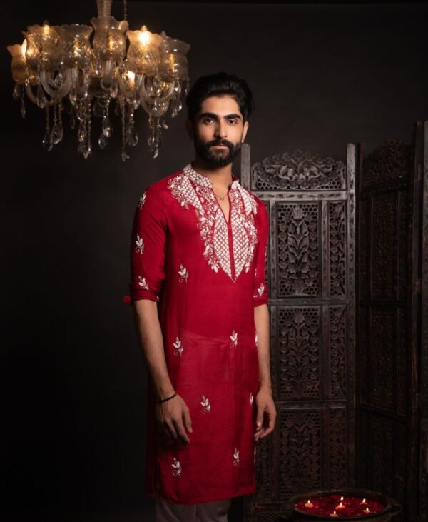 Men's Maroon Blood Red Taffeta Silk Kurta