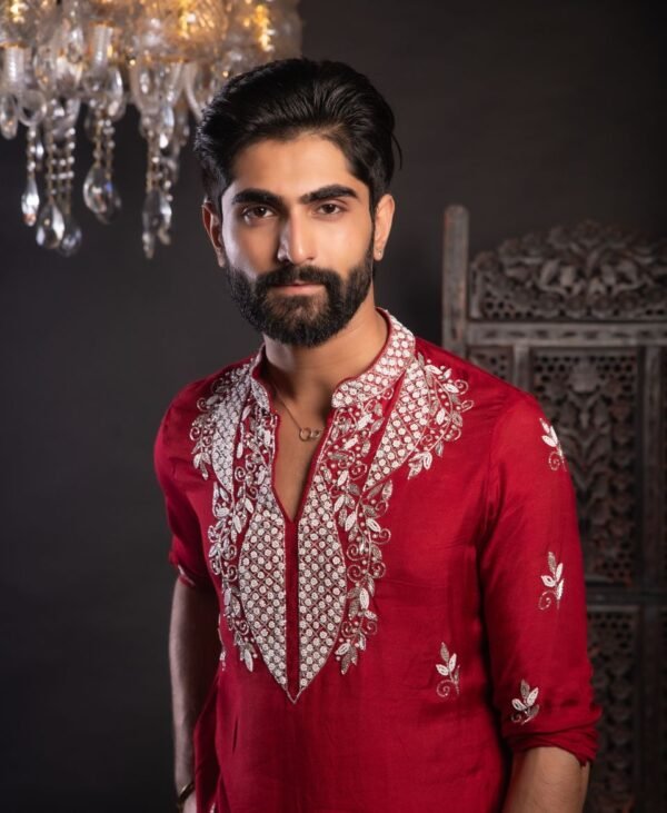 Men's Maroon Blood Red Taffeta Silk Kurta - Image 4