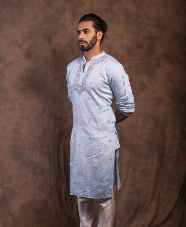 Men's Pastel Blue Malai Cotton Kurta - Image 3