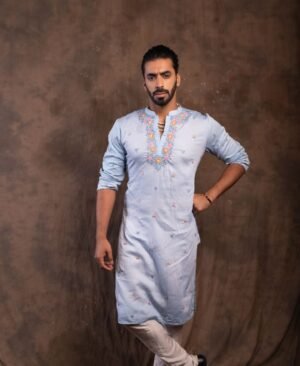 Men's Pastel Blue Malai Cotton Kurta