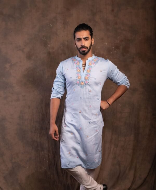 Men's Pastel Blue Malai Cotton Kurta