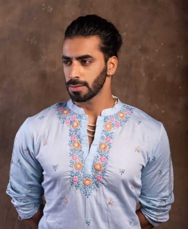 Men's Pastel Blue Malai Cotton Kurta - Image 4