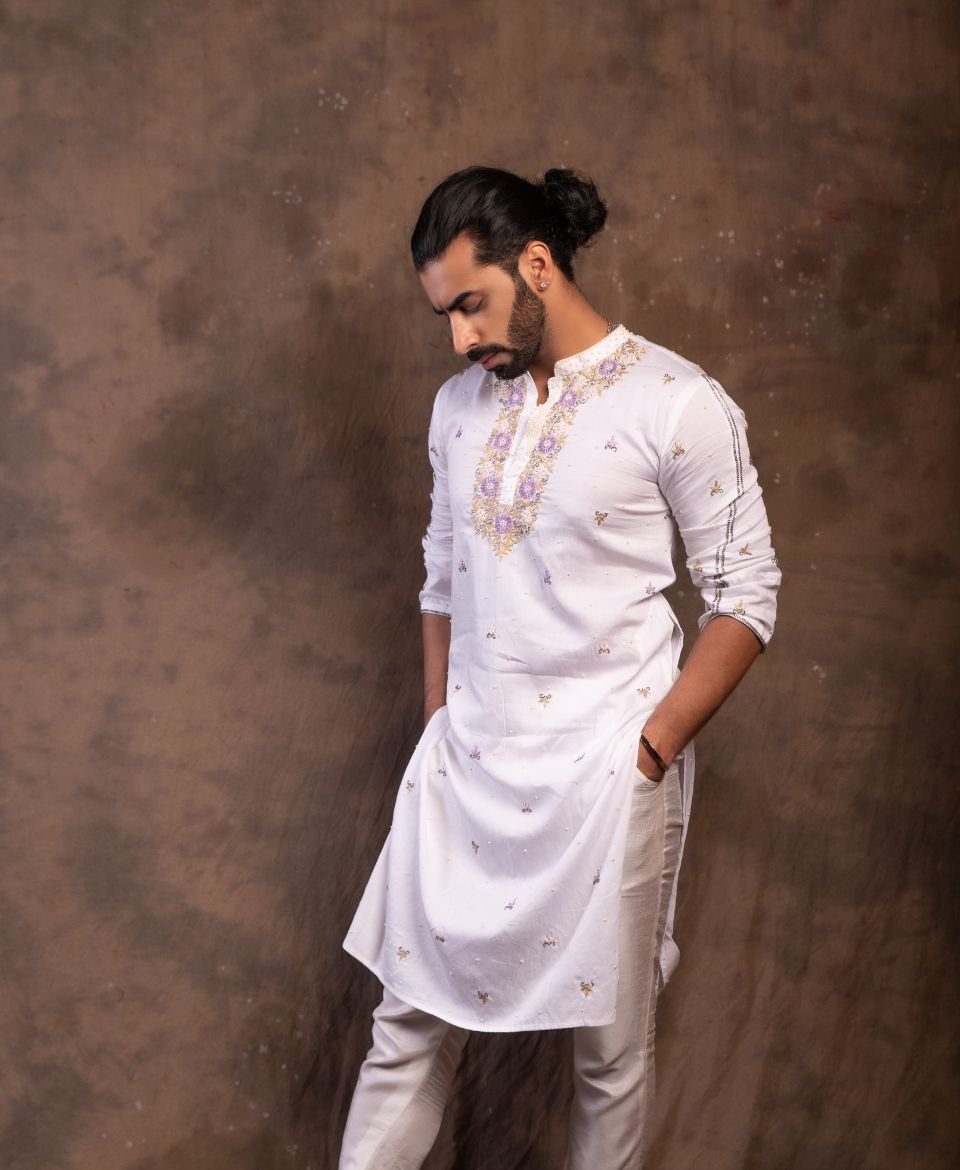 Men's Pearl White Malai Cotton Kurta