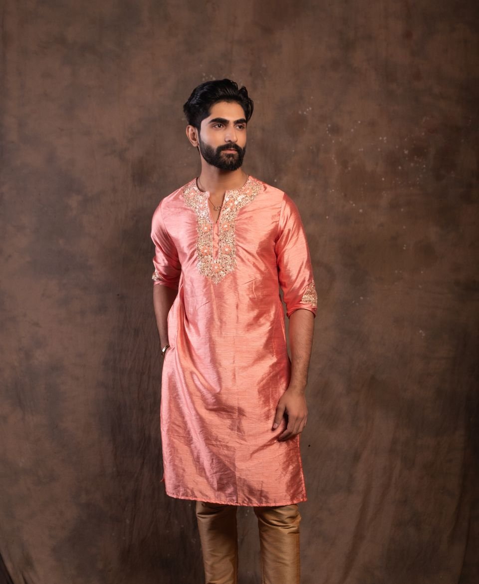 Men's Rust Orange Dola Silk Kurta
