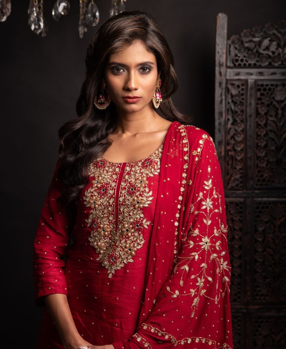 Women's Maroon Blood Red  Dola Silk & Chinnon Sharara Set