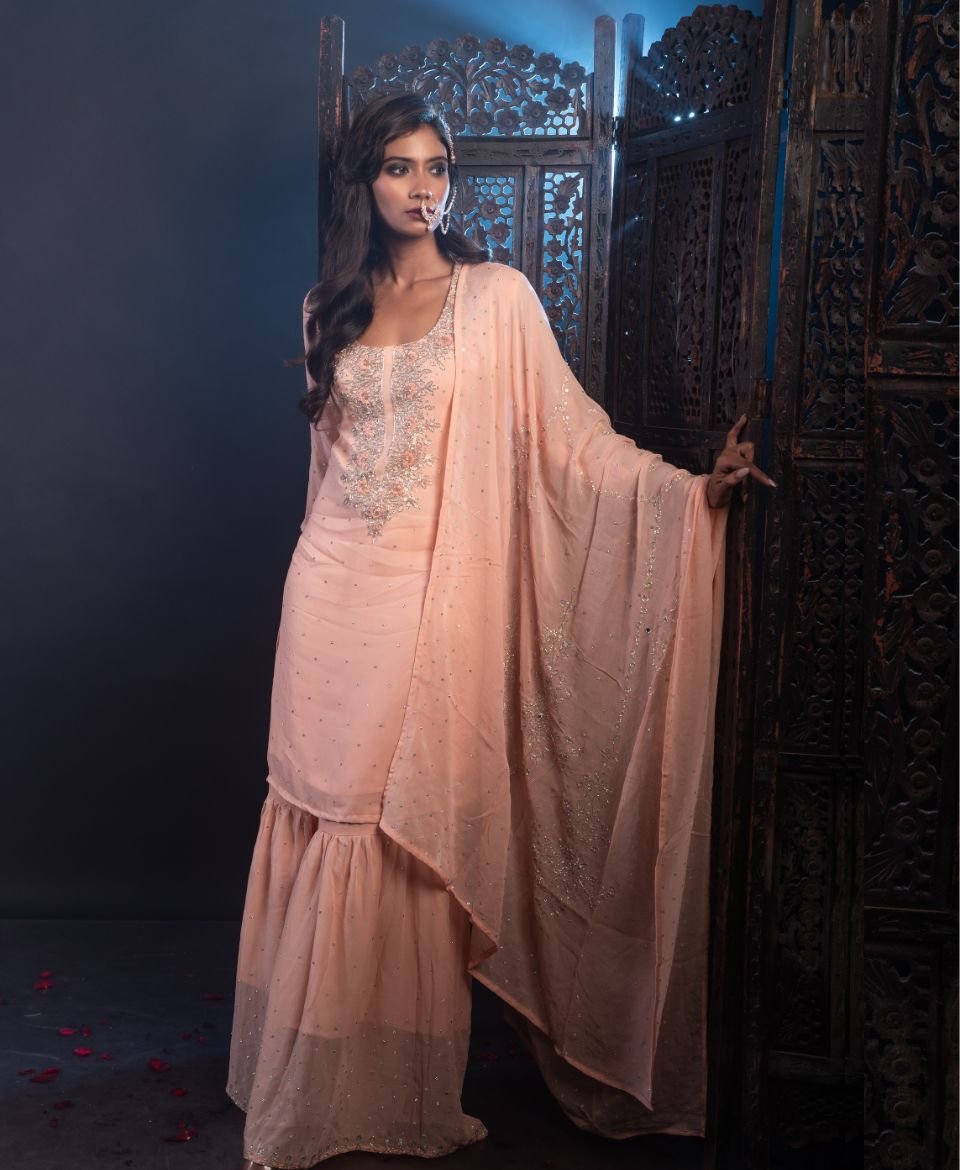 Women Orchid Peach Chinnon Sharara Set