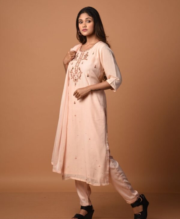 Women's Peach Dola Silk & Malai Cotton Kurti Set - Image 2