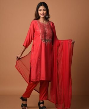 Women's Blood Red Dola Silk & Malai Cotton Kurti Set