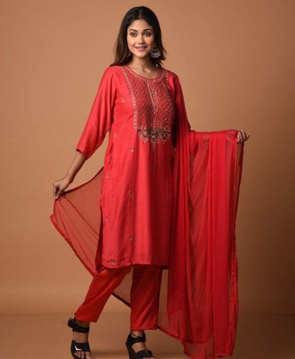 Women's Blood Red Dola Silk & Malai Cotton Kurti Set
