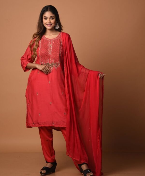 Women's Blood Red Dola Silk & Malai Cotton Kurti Set - Image 2