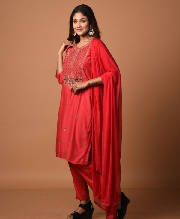 Women's Blood Red Dola Silk & Malai Cotton Kurti Set - Image 4