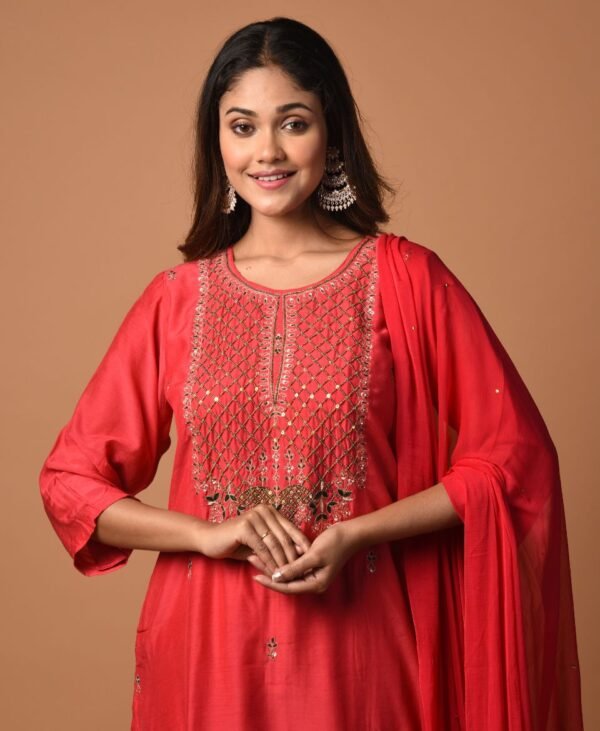 Women's Blood Red Dola Silk & Malai Cotton Kurti Set - Image 3