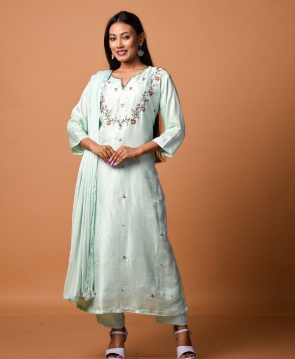 Women's Ivory Blue Dola Silk & Malai Cotton Kurti Set - Image 2