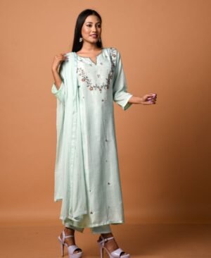 Women's Ivory Blue Dola Silk & Malai Cotton Kurti Set