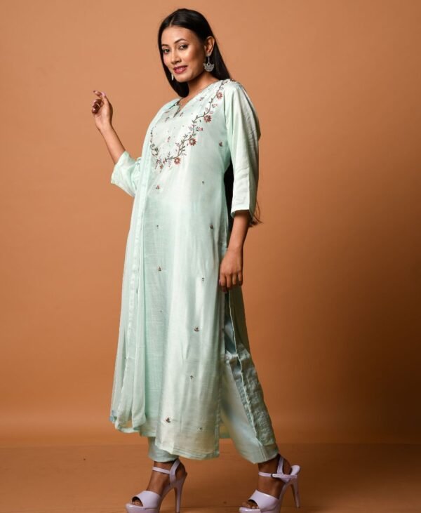 Women's Ivory Blue Dola Silk & Malai Cotton Kurti Set - Image 3