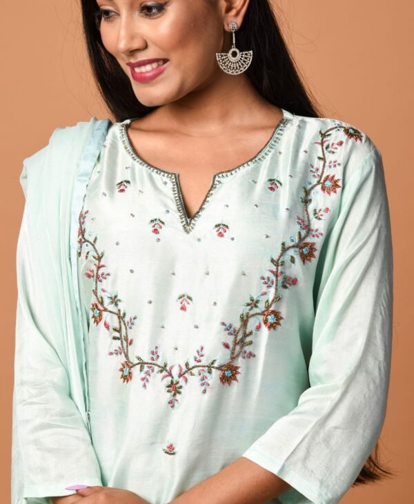 Women's Ivory Blue Dola Silk & Malai Cotton Kurti Set - Image 4