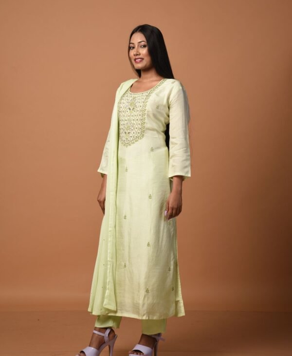 Women's Lemon Green Dola Silk & Malai Cotton Kurti Set