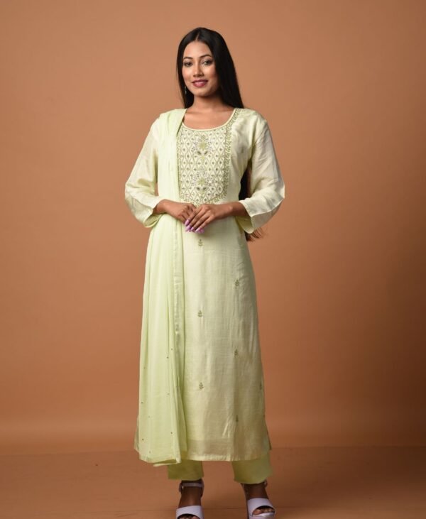 Women's Lemon Green Dola Silk & Malai Cotton Kurti Set - Image 4