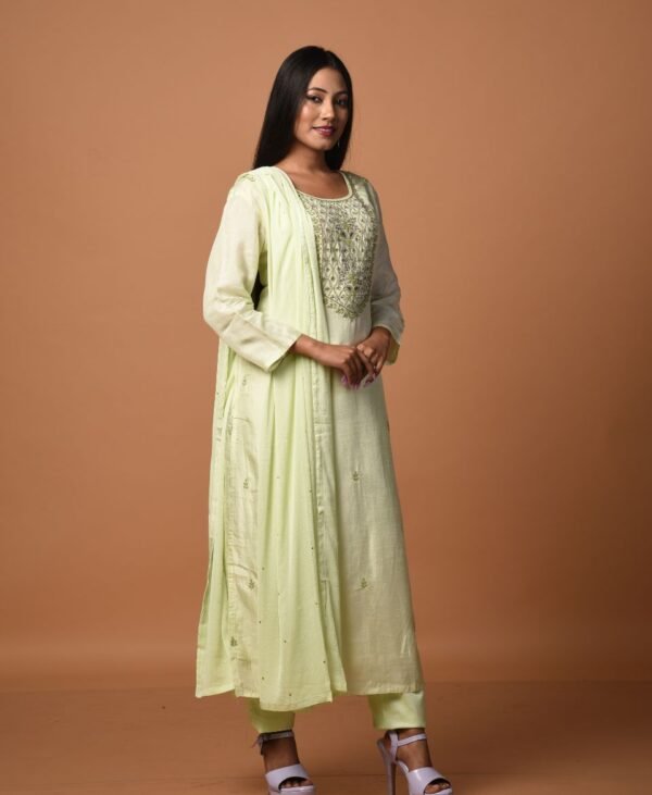 Women's Lemon Green Dola Silk & Malai Cotton Kurti Set - Image 2