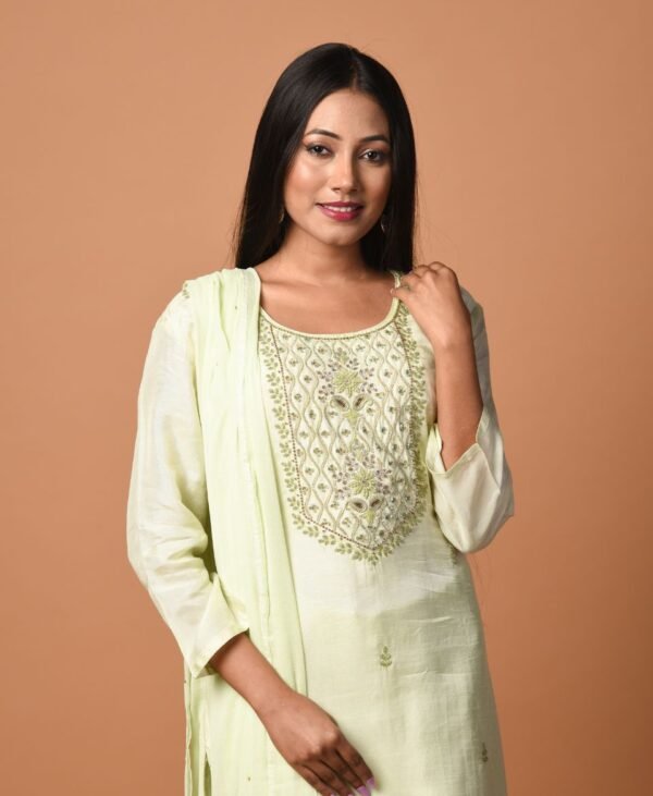 Women's Lemon Green Dola Silk & Malai Cotton Kurti Set - Image 3