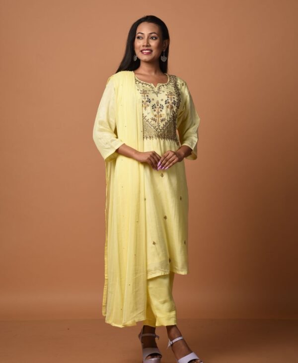 Women's Lemon Yellow Dola Silk & Malai Cotton Kurti Set