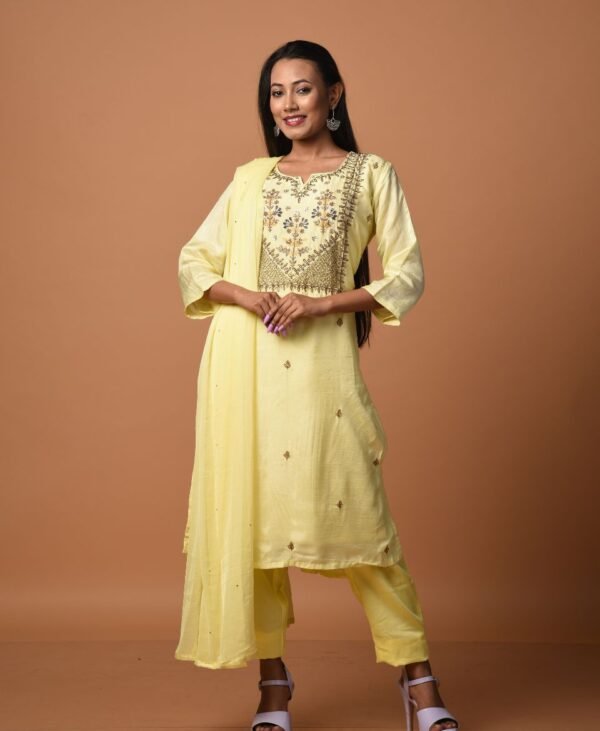 Women's Lemon Yellow Dola Silk & Malai Cotton Kurti Set - Image 2