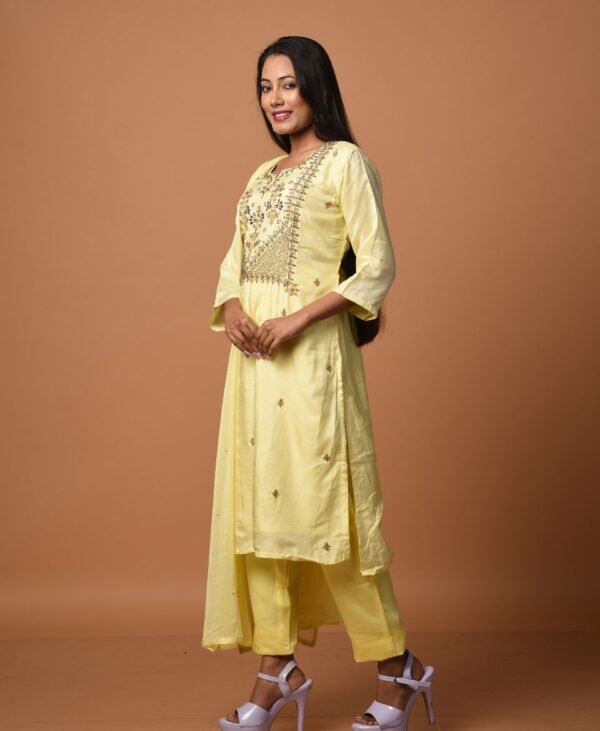 Women's Lemon Yellow Dola Silk & Malai Cotton Kurti Set - Image 4