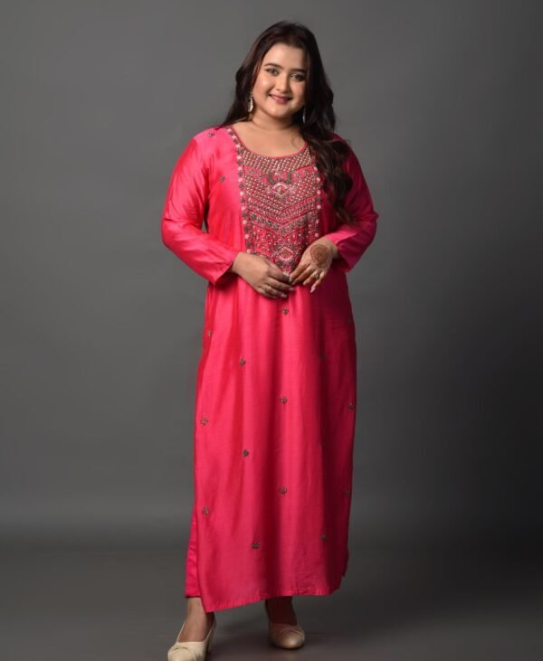 Women's Magenta Pink Dola Silk & Malai Cotton Kurti Set