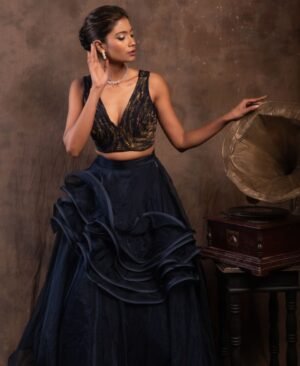 Women's Midnight Blue Organza and Lycra Skirt & Blouse Set