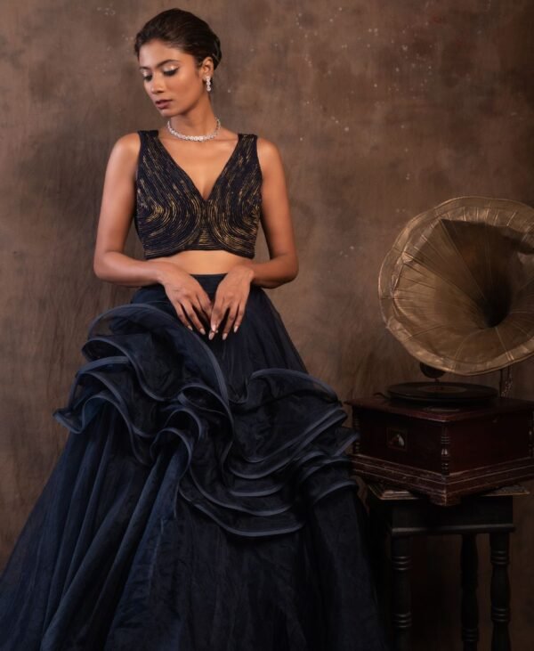 Women's Midnight Blue Organza and Lycra Skirt & Blouse Set - Image 2