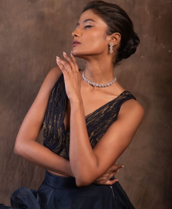 Women's Midnight Blue Organza and Lycra Skirt & Blouse Set - Image 3