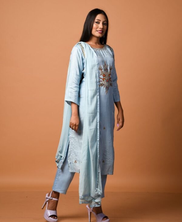 Women's Pastel Blue Dola Silk & Malai Cotton Kurti Set - Image 4