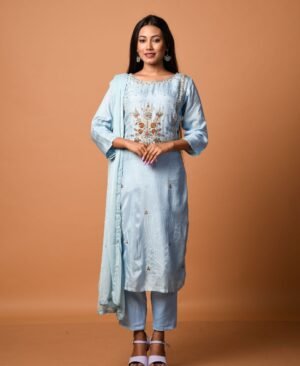 Women's Pastel Blue Dola Silk & Malai Cotton Kurti Set