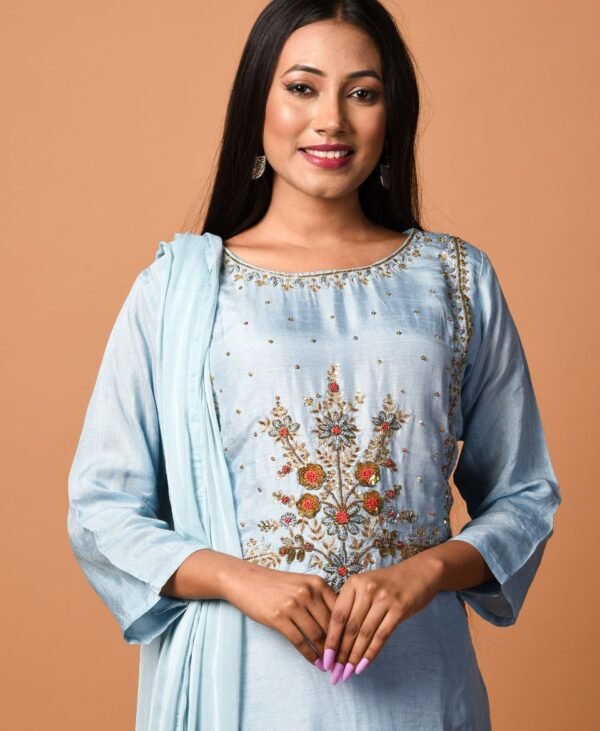 Women's Pastel Blue Dola Silk & Malai Cotton Kurti Set - Image 3