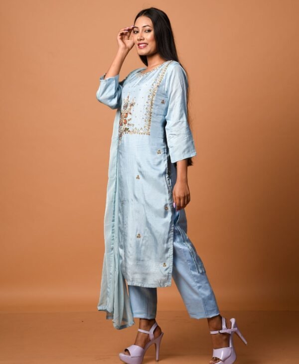Women's Pastel Blue Dola Silk & Malai Cotton Kurti Set - Image 2