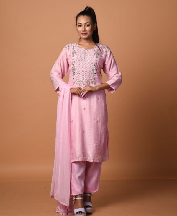 Women's Rose Pink Dola Silk & Malai Cotton Kurti Set - Image 2