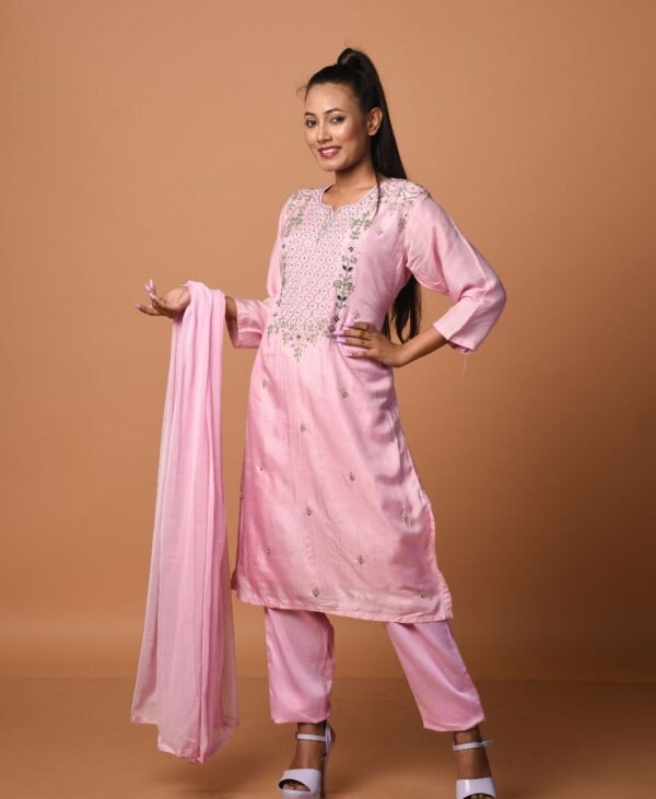 Women's Rose Pink Dola Silk & Malai Cotton Kurti Set