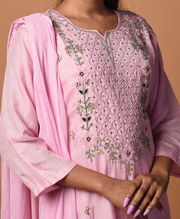 Women's Rose Pink Dola Silk & Malai Cotton Kurti Set - Image 3