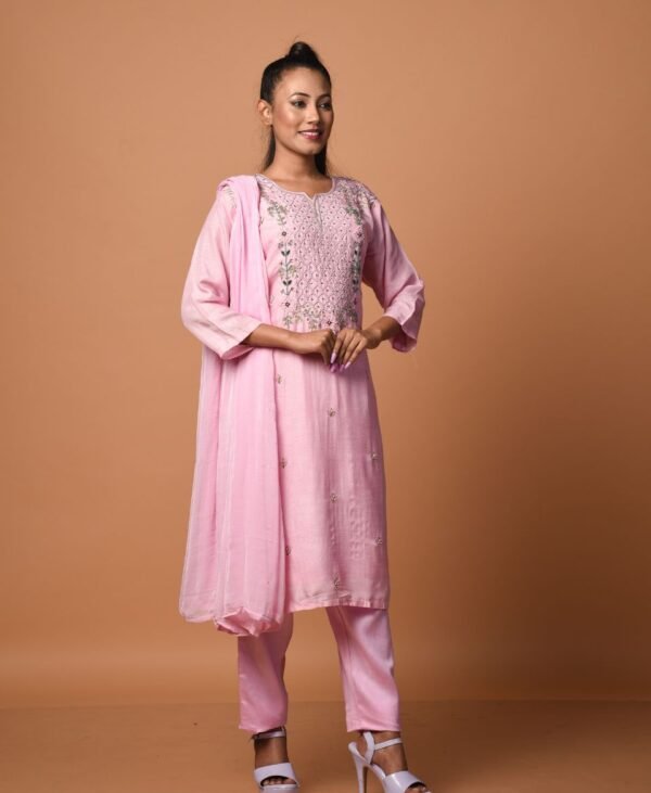 Women's Rose Pink Dola Silk & Malai Cotton Kurti Set - Image 4