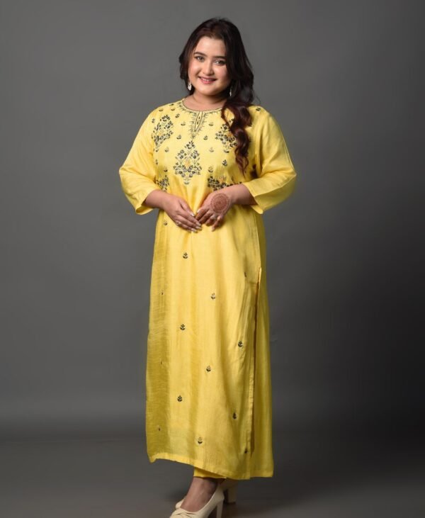 Women's Turmeric Yellow Dola Silk & Malai Cotton Kurti Set - Image 2