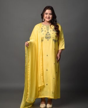 Women's Turmeric Yellow Dola Silk & Malai Cotton Kurti Set