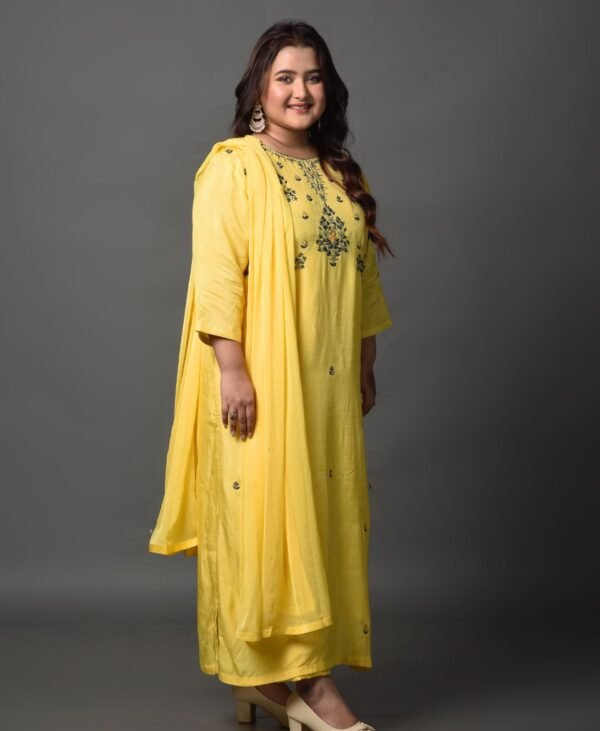 Women's Turmeric Yellow Dola Silk & Malai Cotton Kurti Set - Image 4