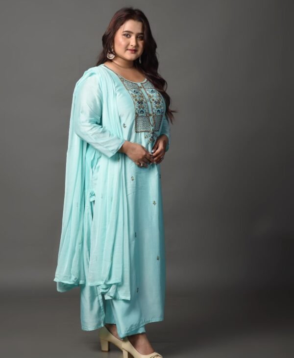 Women's Turquoise Blue Dola Silk & Malai Cotton Kurti Set - Image 2